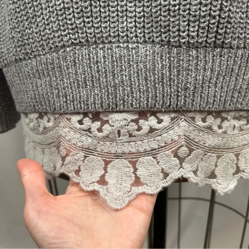 Anthro Pins & Needles Gray Long Sleeve Knit Sweater Dress White Lace Trim Large